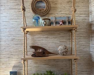 Wood and Rope Hanging Shelf, Rope Wrapped Picture Frame, Blue Jellyfish Art Glass Paperweight, Coastal Style Starfish Storage Box, Abstract Carved Wood Sculpture, Faux Succulents 