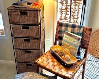 5 Drawer Wicker Basket Storage, Solid Wood and Woven Leather Accent Chair, Nautical Wooden Fish Stool, Modern Arc Floor Lamp
