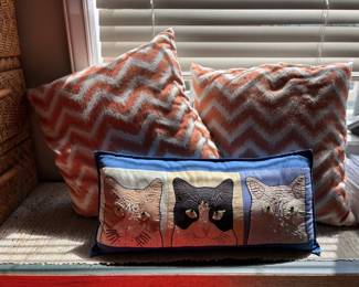 Pair of Orange & White Chevron Throw Pillows, Embroidered Cat Design Throw Pillow
