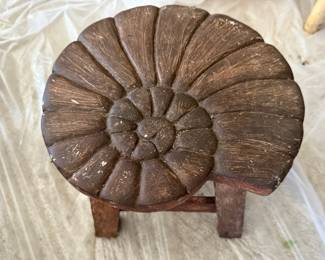 Wood Carved Ammonite Shell Shaped Stool
