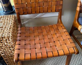 Solid Wood and Woven Leather Accent Chair
