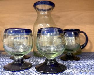 4 Hand Blown Mexico Cobalt Blue Rim Cocktail Glasses & Pitcher

