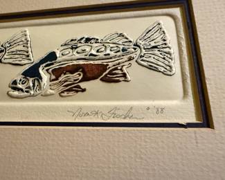 1988 Framed & Matted Embossed Print "Salmon Run" by Nora K. Fischer