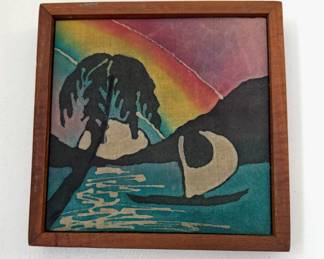 Framed Dyed Fabric Rainbow Over Tranquil Waters Artwork
