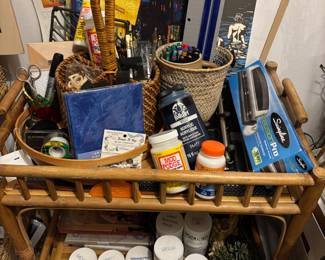 X-Acto Paper Cutter, Swingline Precision Pro Desktop Hole Punch, Mod Podge, Acrylic Paints, 2 Tier Bamboo Sied Table