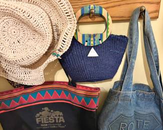 White Straw Hat, Blue Woven Straw Handbag with Painted Wood Handle, Route 66 Denim Tote