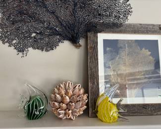 Art Glass Fish Figurines, Black Sea Fan, Framed & Matted Honey Comb Coral Print