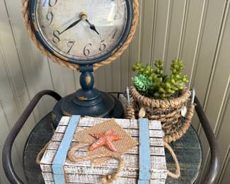 Coastal Style Rope Wrapped Mantle Clock, Faux Succulents, Coastal Style Starfish Storage Box