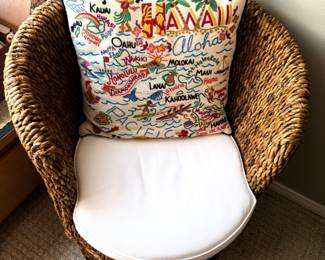 Wicker Barrel Chair with Embroidered Hawaii Map Pillow
