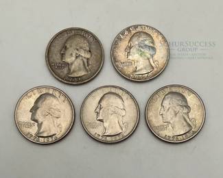 Set of 5 U.S. Quarters, 1935, 1964, 1776-1976 Bicentennial