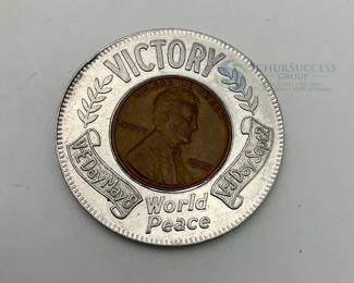 1945 Wheat Penny Encased Coin, Victory World Peace, Laurel Oil Co.