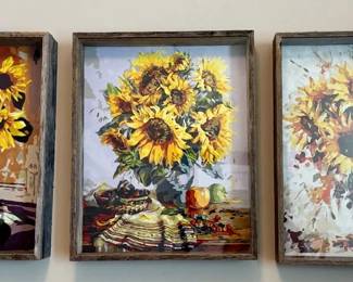Sunflower Trio Paintings in Rustic Wood Frames. $225 lot