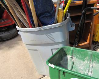 Collection of Yard Equipment (Bin Full of Yard Tools with Scotts Grass Spreader