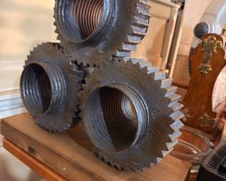 Industrial-style metal gear sculpture (triple cog decor)