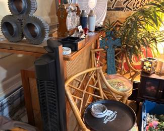 Rattan bar stools with cushions and assorted decor pieces