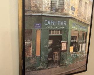 Framed wall art of European cafe bar storefront