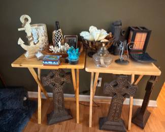 Grouping of accent tables with cross sculpture, conch shell, coral, lantern and other decorative items