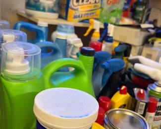 Assorted household cleaners and chemicals including OxiClean, bleach, carpet cleaner and spray bottles