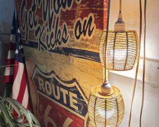 Hanging wicker lantern lights and Route 66 sign decor