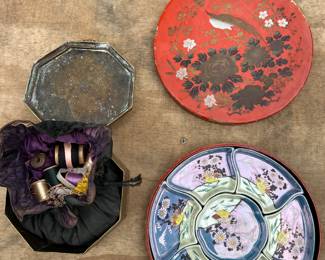 Vintage Sewing Kit in Brass Box, Nippon Snack Trays in Original Box