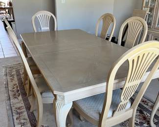 Lexington blonde dining table with six chairs
8x12 wool Aubusson deep carved rug