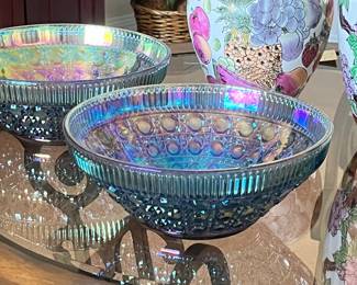 Two 10 1/4” blue Carnival glass bowls