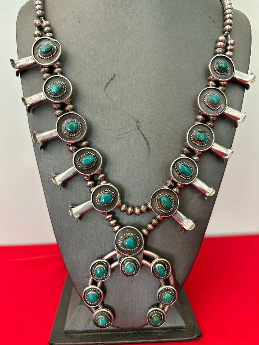 Native American Sterling Silver & Turquoise Naja Squash Blossom Necklace