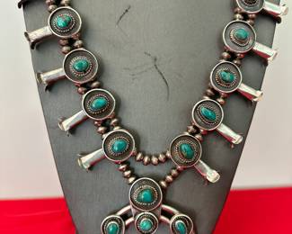Native American Sterling Silver & Turquoise Naja Squash Blossom Necklace