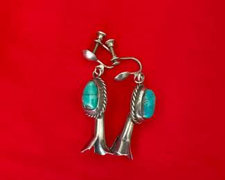 Native American Sterling turquoise squash blossom earring