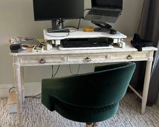 CB2 Channel Green Velvet Office Chair + Anthropologie Washed Wood Desk