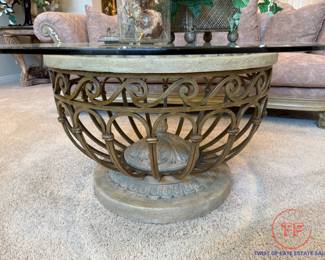 Contemporary Wrought Iron and Faux Stone Glass Top Table