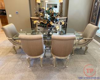 French Provincial Glass Topped Dining Room Table Set
