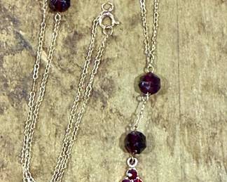 10kt Yellow Gold Garnet Cross and Bead Rosary Style Necklace