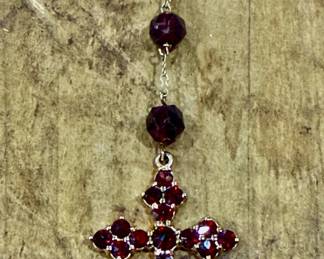 10kt Yellow Gold Garnet Cross and Bead Rosary Style Necklace