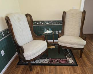 Matching Wicker Wingback chairs and Hollywood Regency glass topped table