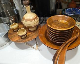 Midcentury decanter and cups, wood salad set