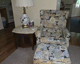 Hollywood Regency lamp and marble top side table with storage.  Contemporary easy chair and ottoman.