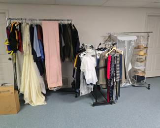 Men's clothing, vintage wedding dress, some great men's hats.