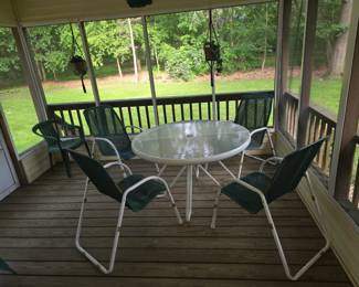 Very comfy Forest Green and white deck chairs, table and matching lounge chair.