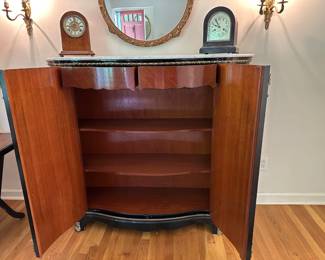 Ebonized 2 Door Credenza w/ Marble Top - Adorned w/ Gilt Metal Mounts (Inside - 2 Drawers & Shelves)