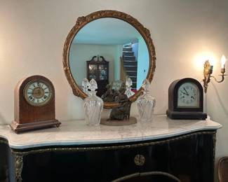 Shelf Clocks, Carved Round Mirror, Cut Glass Decanters