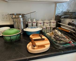 Canisters, Pyrex Horizon Blue Casserole, Flatware, Cutting Board