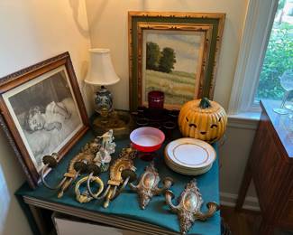 Painting, Picture, Antique Candle Sconces, Lamp, Jack O' Lantern, Red Cased Glass Candy Dish