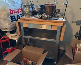 Silver Plate, Large Cutting Board, Stainless Steel Cart