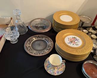 Heinrich & Co. Selb Bavaria Heavily Gold Encrusted Plates - Some w/ Floral Centers, Some Plain, Silver Overlay Dishes, Baccarat Decanter, Lalique Dampierre Bird Crystal Dish, Shelley Cup & Saucer
