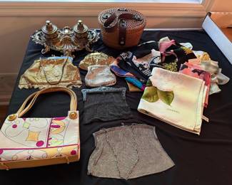 Double Inkwell, Vintage Basket Purse, Gold & Silver Mesh Bags, Emilio Pucci Handbag, Scarves