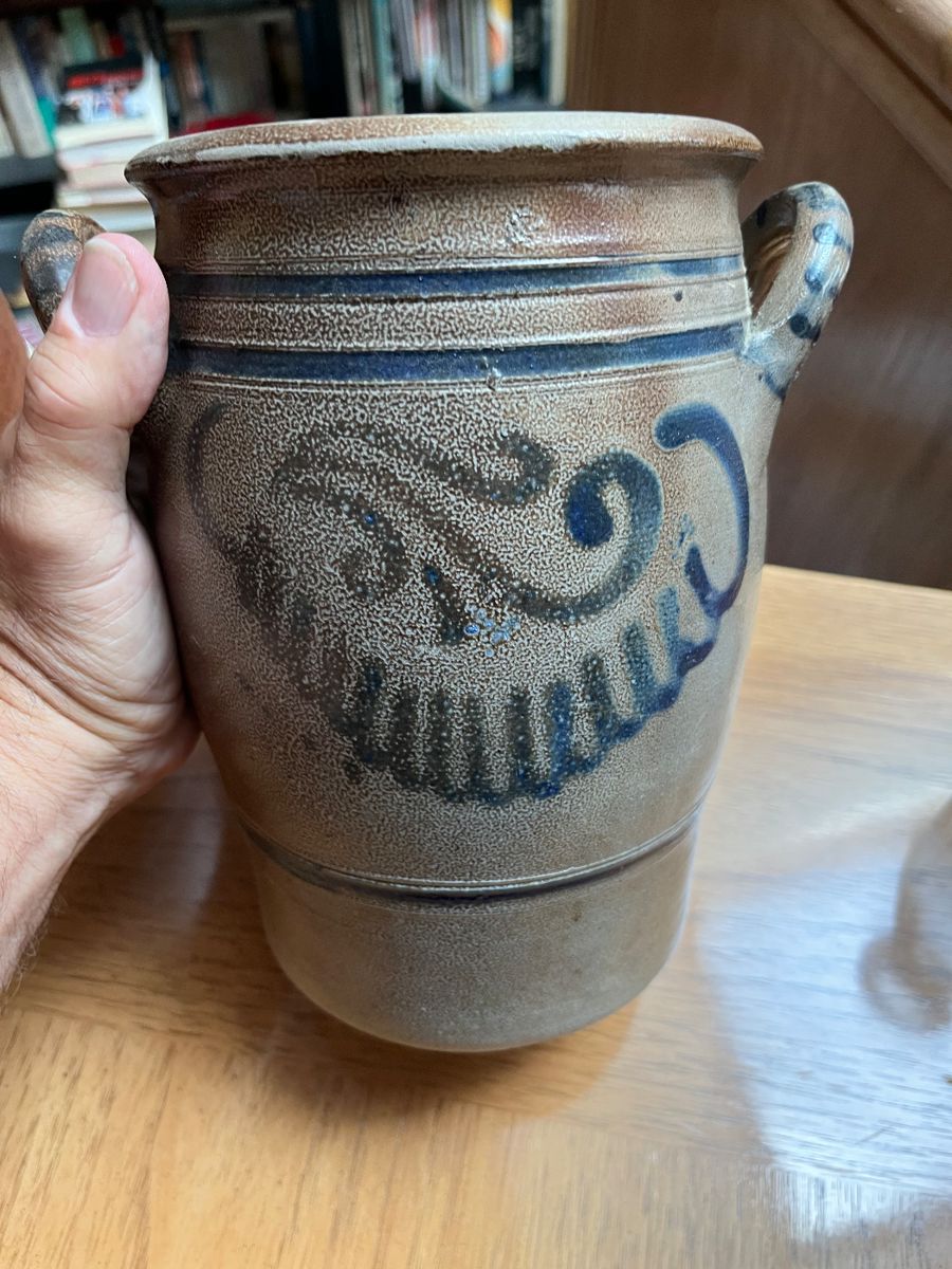 Antique blue slipware crocks and stoneware