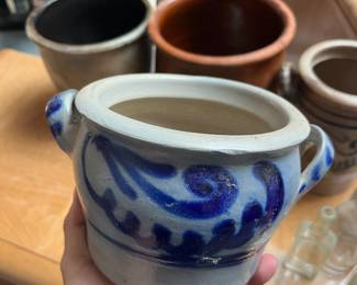 Antique blue slipware crocks and stoneware