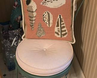 Needlepoint seashells pillow, upstairs bathroom.