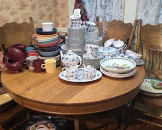 Also on the antique oak table is a few pieces of Pomona Portmerion featuring dark cherry.